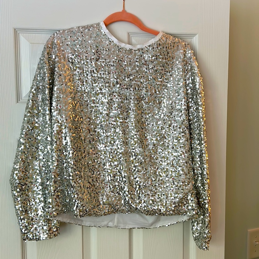 Something Navy silver sequin long sleeve top. Size S.